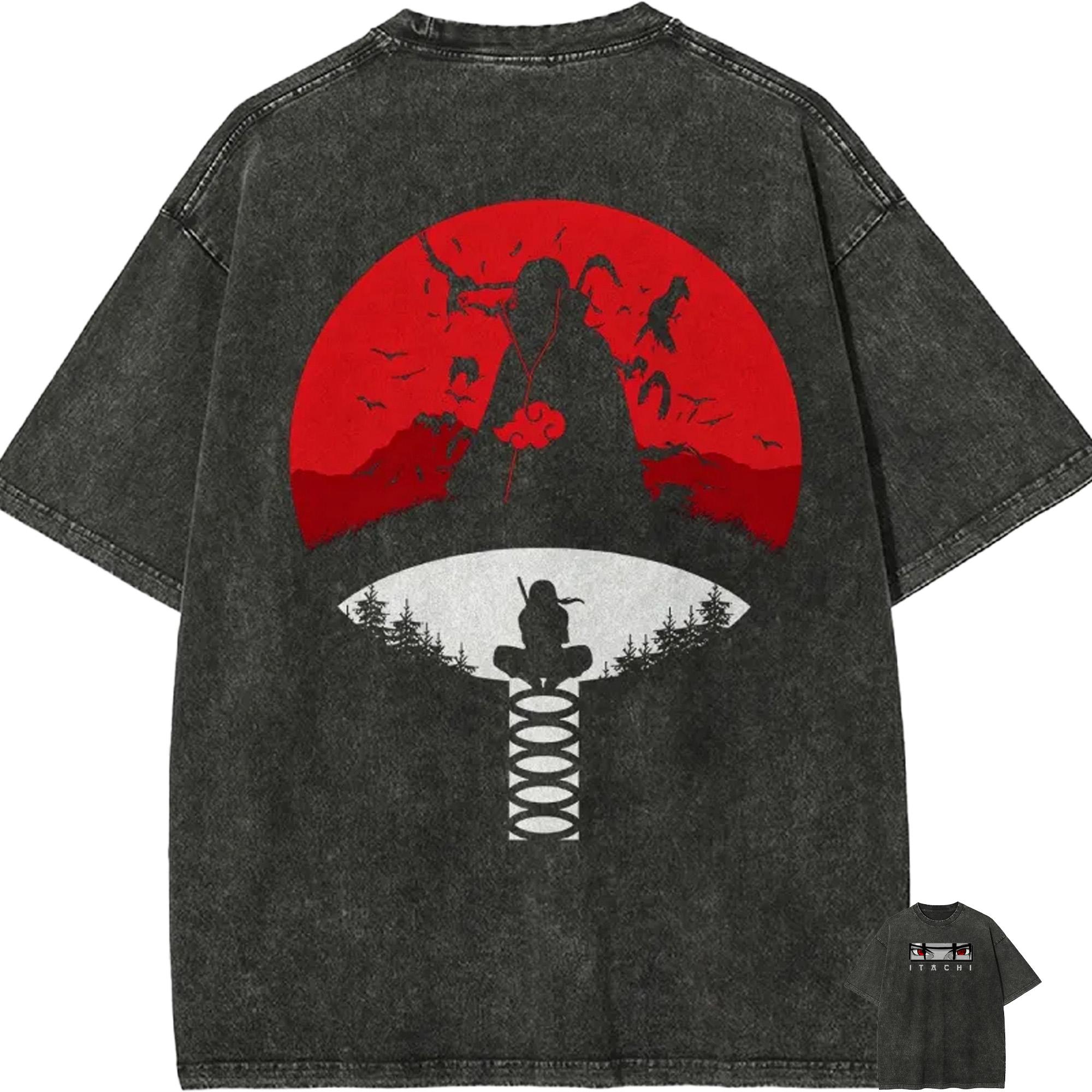 

Itachi Uchiha T Shirt Naruto Men Acid Wash Anime Manga Graphic Cotton Streetwear Uchiha Clan Silhouette Red Moon Vintage Tee M