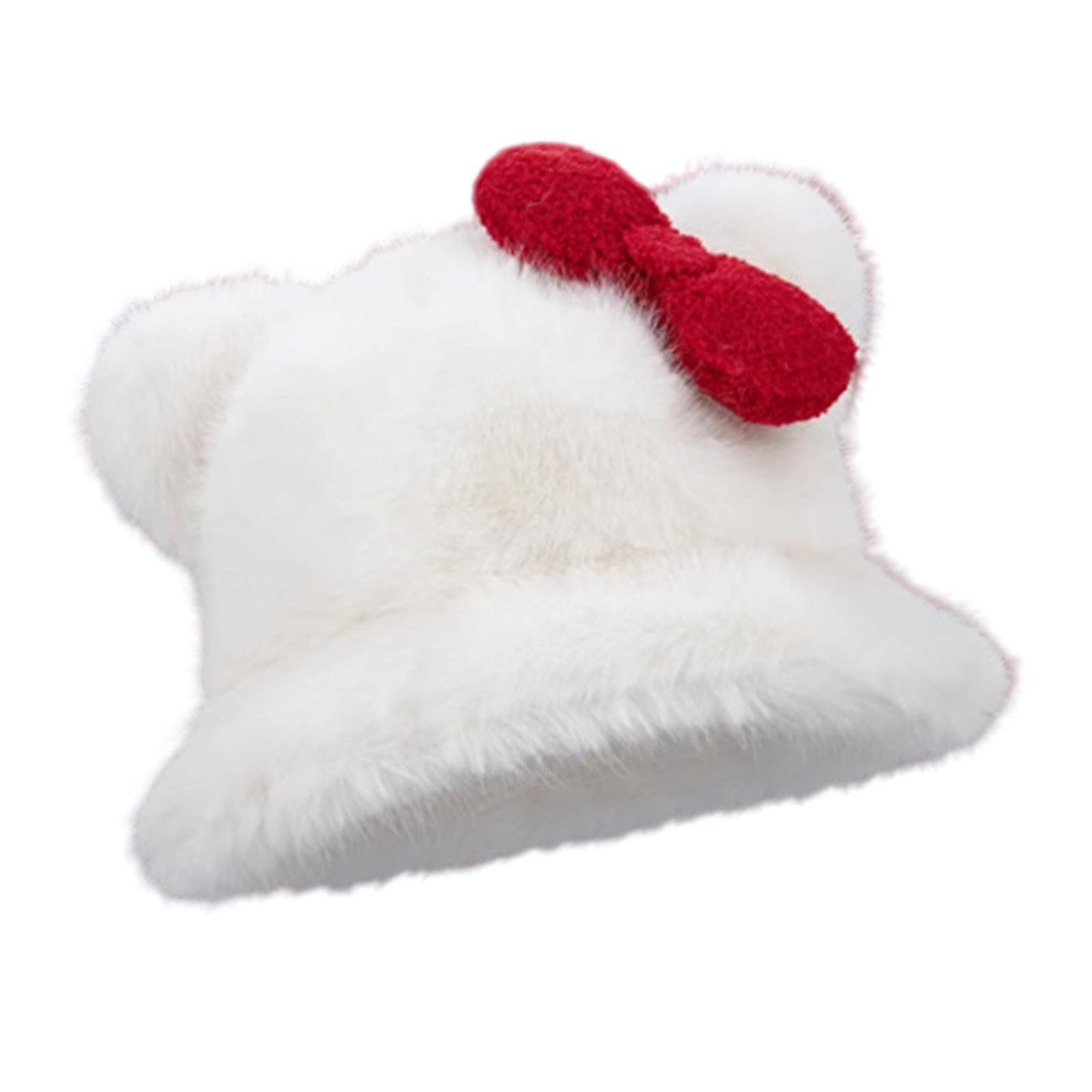 

Furry Cats Ear Warm Winter Bucket Hat For Women Girl Outdoor Activity Novelty Plush Bowknot Bucket Hat for Dating Travel белый