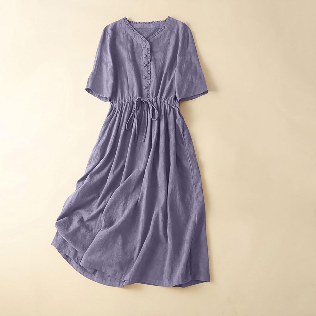Women's Summer Forest Retro Literary Cotton And Linen Solid Color Dress