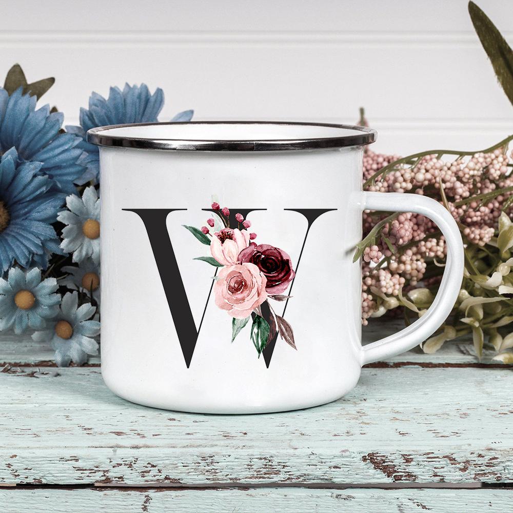 Alphabet Blumen A-Z Vintage Emaille Kaffee Tee Tassen Urlaub Camping Getränke Saft Bier Tassen Zuhause Büro Milch Tasse Geburtstagsgeschenke