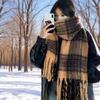 Korean gradual change striped scarf women's winter thickened imitation cashmere shawl dual-purpose warm atmosphere fringed scarf