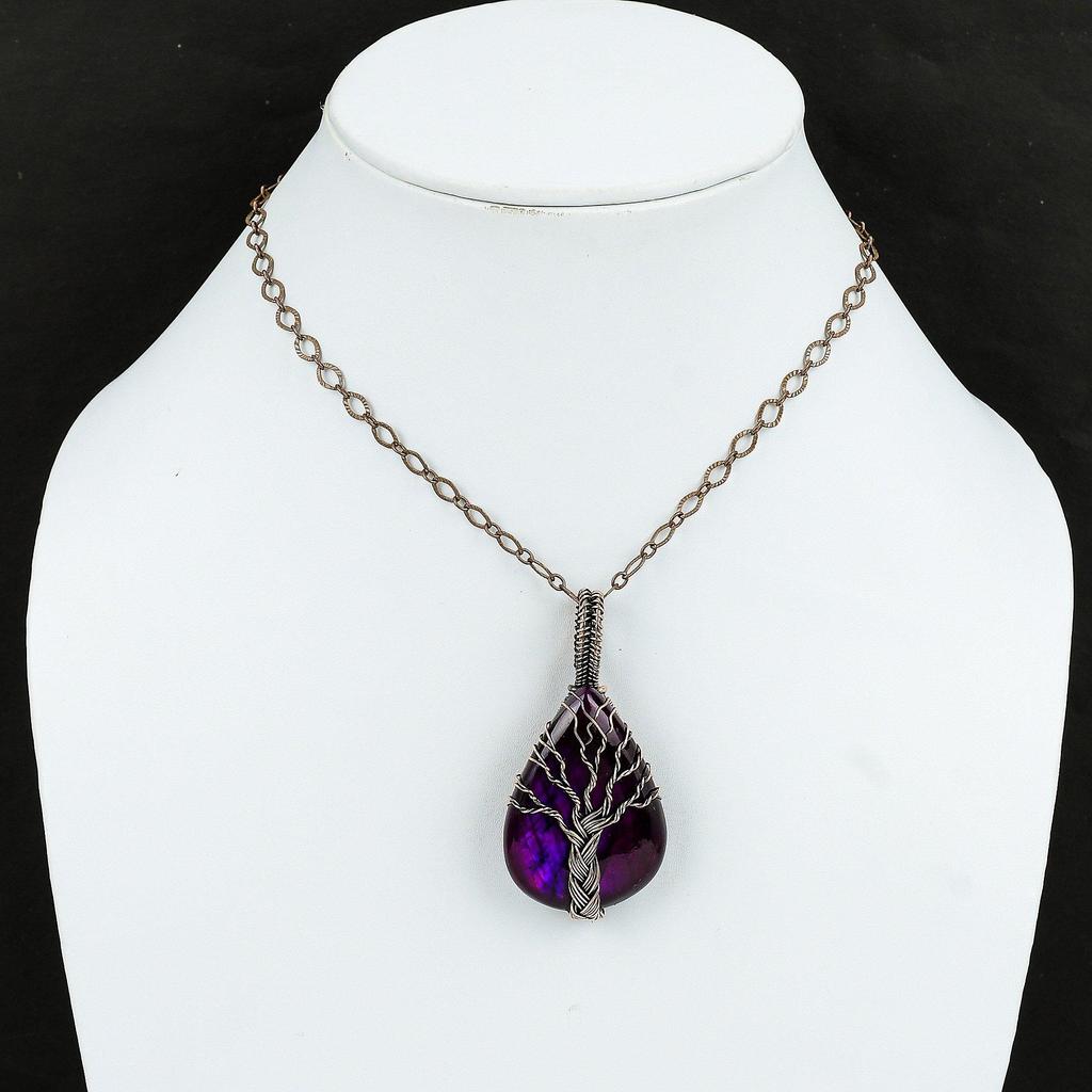 Pandantiv Arborele Vieții Labradorit Foc Violet Înfășurat în Sârmă de Cupru Pandantiv cu Piatră Prețioasă Înfășurat în Sârmă de Cupru Bijuterii Handmade Cadou Pentru Mamă