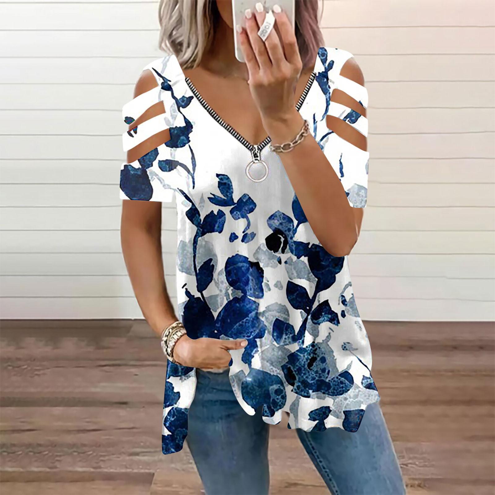 

Women s Fashion Casual V-Neck Zipper Printed Off-Shoulder Short-Sleeved T-Shirt Top S