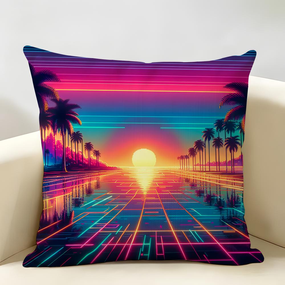 Sunset Palm Tree Fashion Cushion Cover Natural Linen Organic Fabric DoubleSided Printing Room Sofa Decor Pillow Case