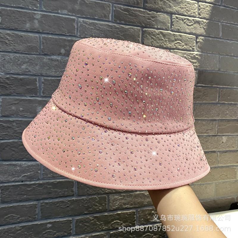 Womens Foldable Sun Hat With Rhinestone Embellishment Cotton Wide Brim Bucket Outdoor Travel
