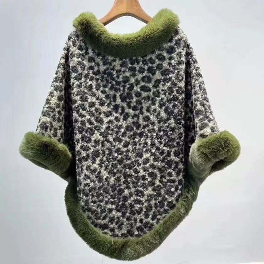 

Элегантная классическая шаль с меховым воротником - женская леопардовая новая теплая модная шаль для осенне-зимнего сезона, для свадьбы, вечернего платья зелёный