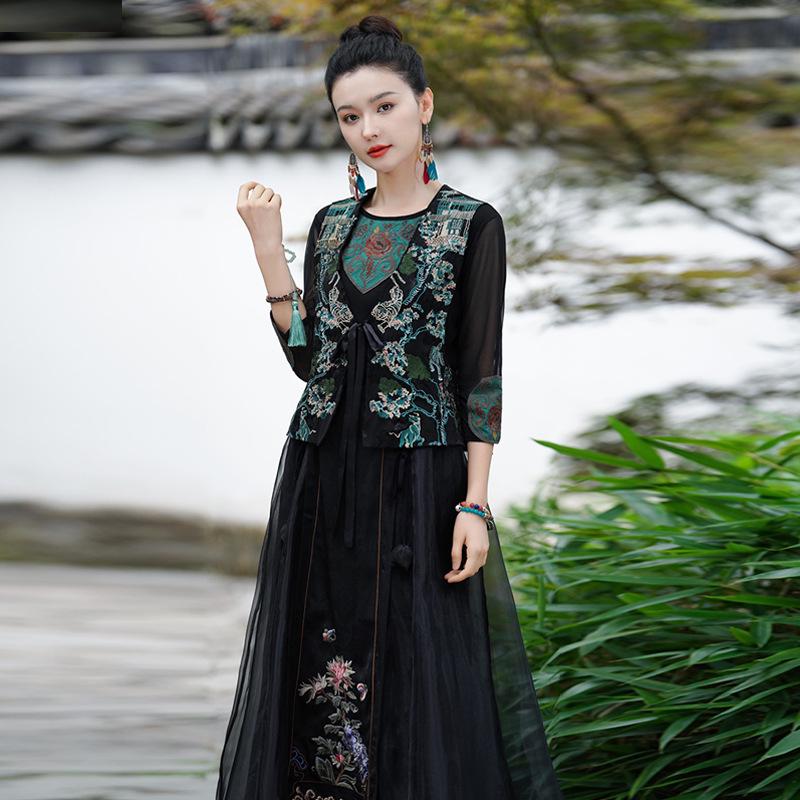 

Весенняя этническая женская куртка без рукавов 2025: Китайская ретро застежка-лягушка и вышитый жилет XXL зелёный