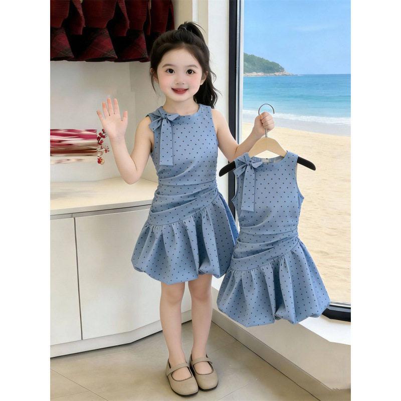 Girls Summer French Polka Dot Sleeveless Dress Toddler Bubble Hem Mini Skirt Sweet Princess Party Outfit 90 синий