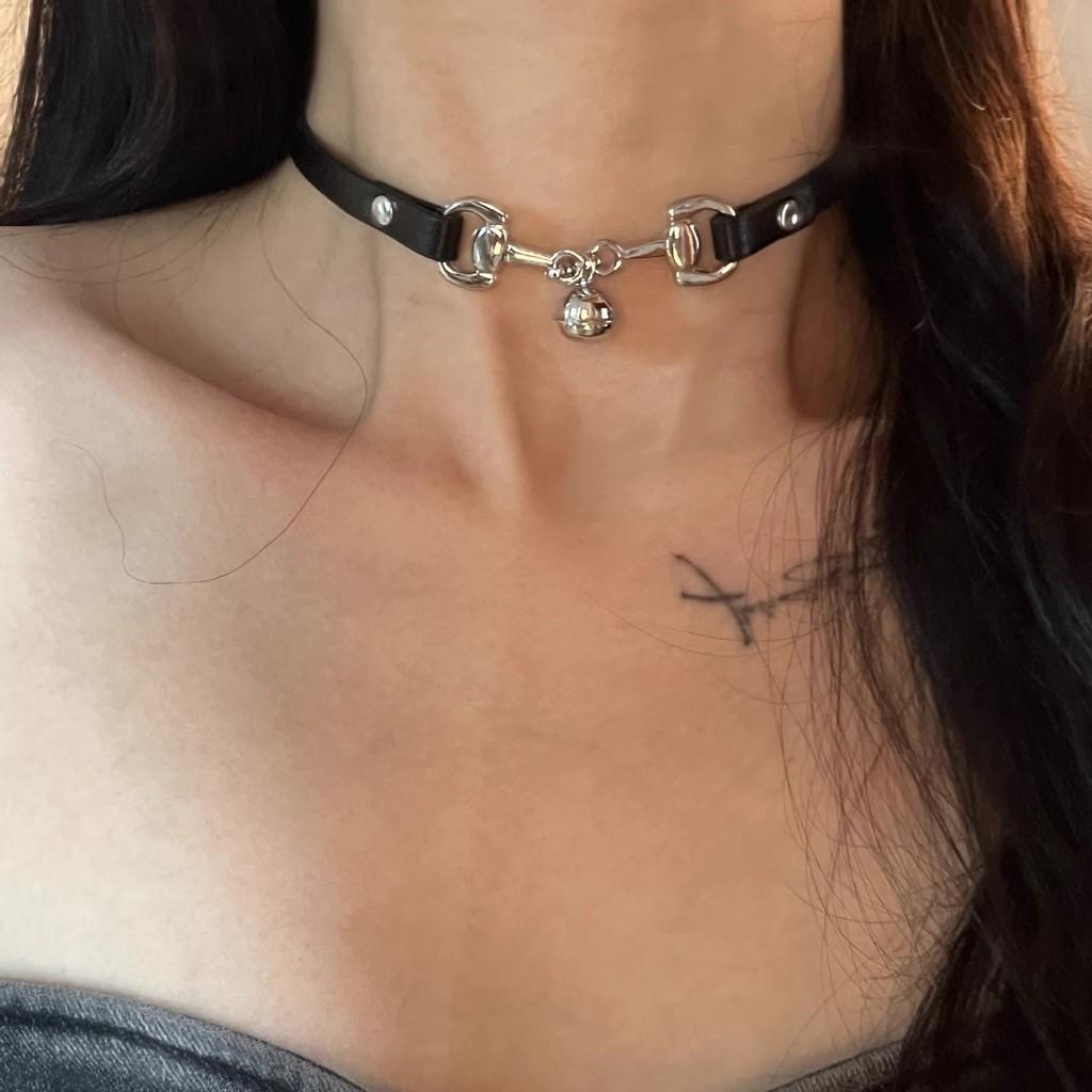 Stunning Black Leather Choker Necklace For Women With Decorative Silver Bell Charm
