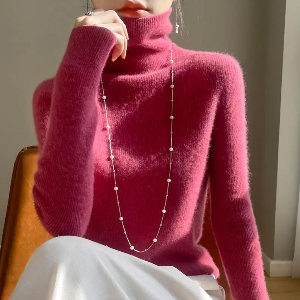 Women’s High Neck Wool Sweater 2025: Slim Fit, Pure Color, Fashionable Base Layer Knit.