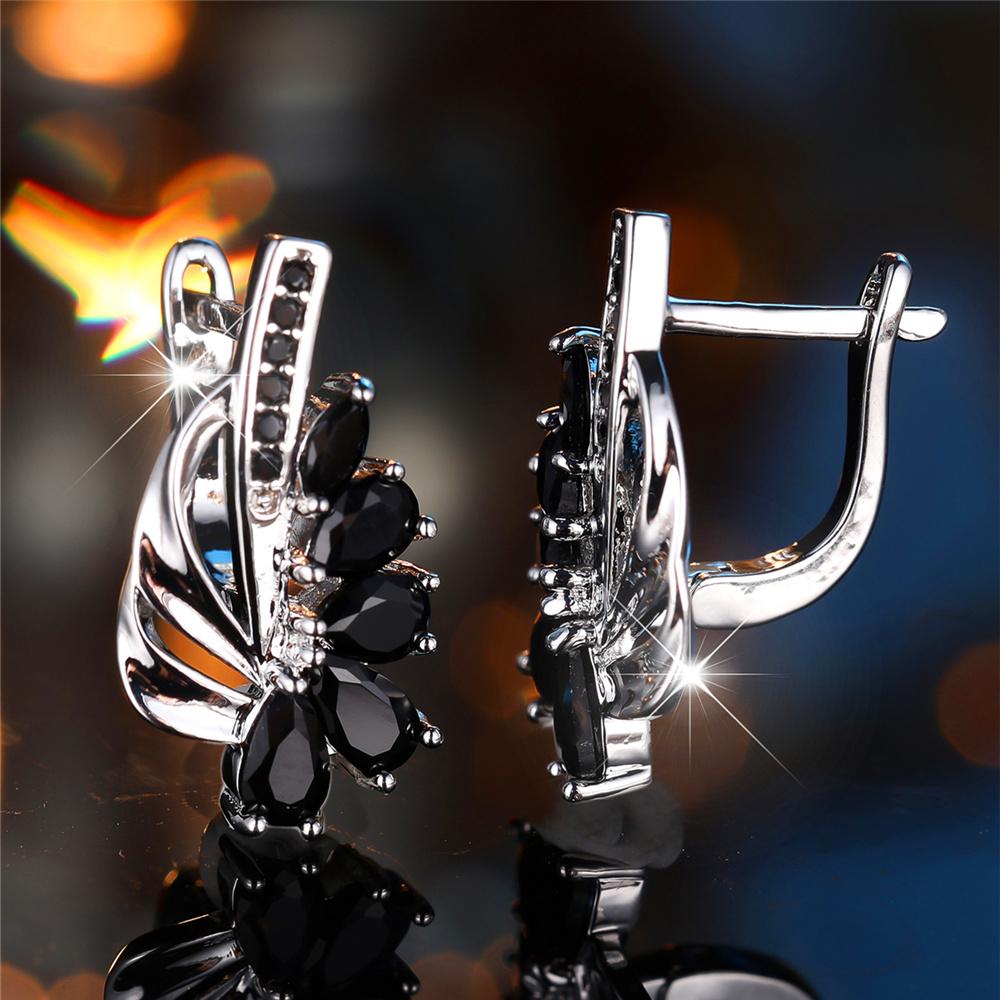 Crystal Female Black Zircon Stone Hoop Earrings Fashion Female Silver Color Wedding  For Women