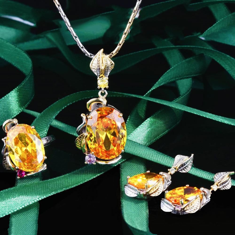 Women Jewelry Set Italian Retro Style Fiery Flame Pendant Earrings Open Ring Multicolor Gems