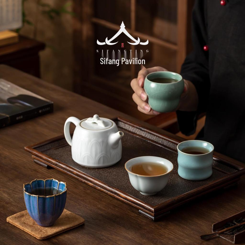 Palace Museum High-Grade Ceramic Gongfu Tea Set: One Pot & Four Cups.
