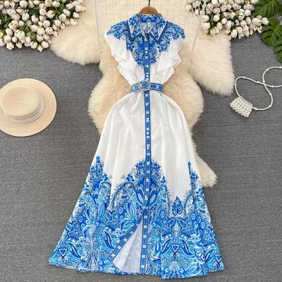 Summer Elegant Vintage Maxi Dress Women Turn-down Collar Sleeveless Print Floral Shirt Dress Evening Party Robe Long Dresses