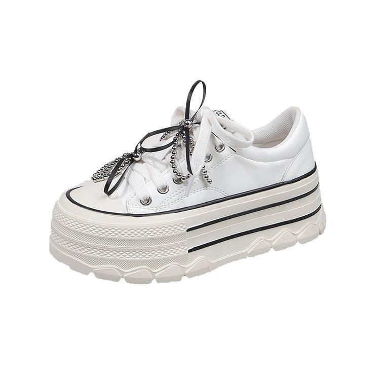 Bow beaded white shoes women's thick-soled muffin shoes 2025 spring new small height-increasing shoes casual board shoes