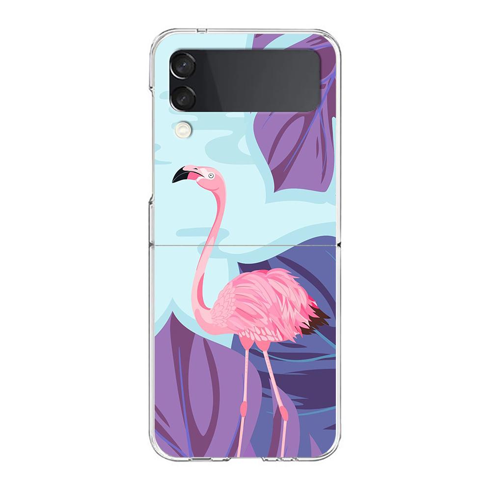 Phone Case For Samsung Galaxy Z Flip 3 4 5 Hard Folding Clear PC Bumper Lovely Pink Flamingos Leaf For Samsung Z Flip 6 Cover