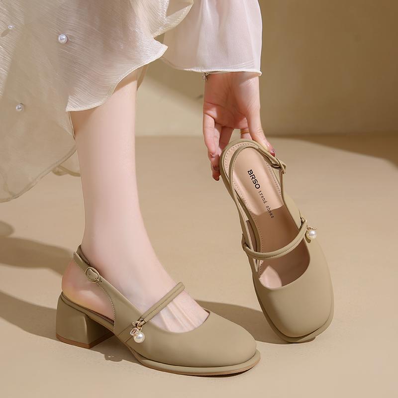 2025 Summer New Women's Mary Jane Shoes High Heel Fairy Tale Style Slip-On Match Skirts French Thick Heel Single Shoes Round Toe
