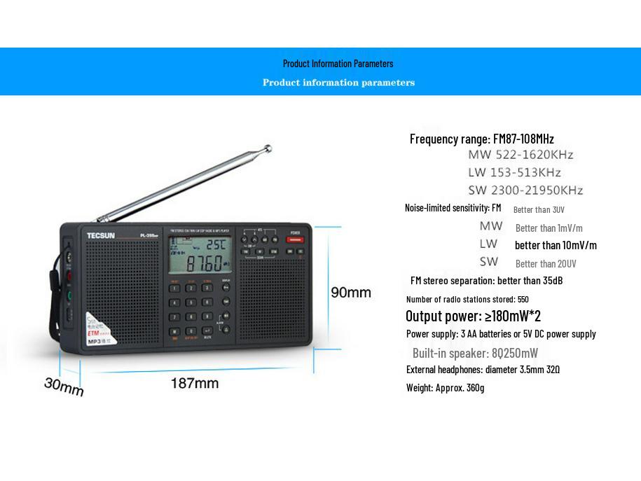 Tecsun PL-398MP Full Band Radio with MP3 Card Speaker for Elderly.