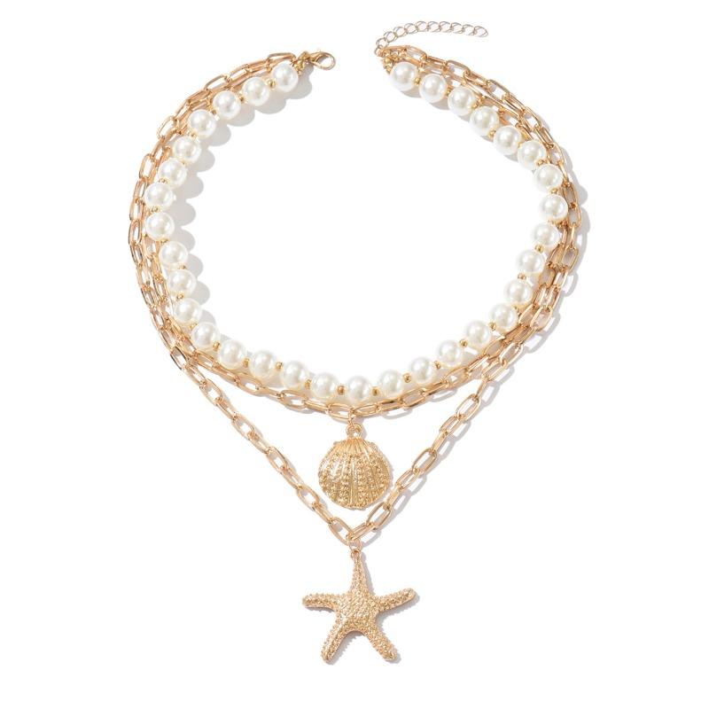Imitation Pearl Starfish Pendant Vacation Wind Seaside Necklace Vintage Shell Nklce Jewelry
