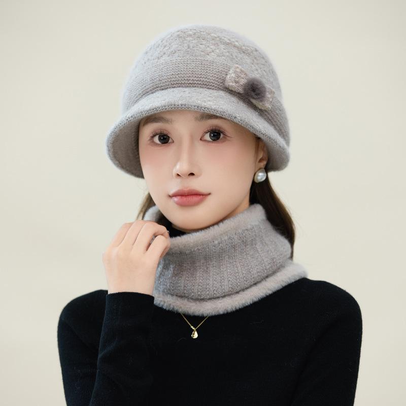 New Autumn and Winter Two Color Plush Bow Warm Basin Hat Versatile Bright Silk Rabbit Hair Basin Hat Can Scarf Cold Proof Set