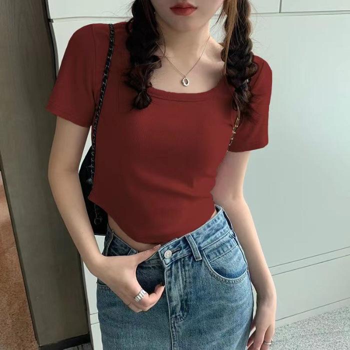Cool cotton threaded short-sleeved T-shirt women s summer new design sense slim and thin curved hem short front shoulder top S