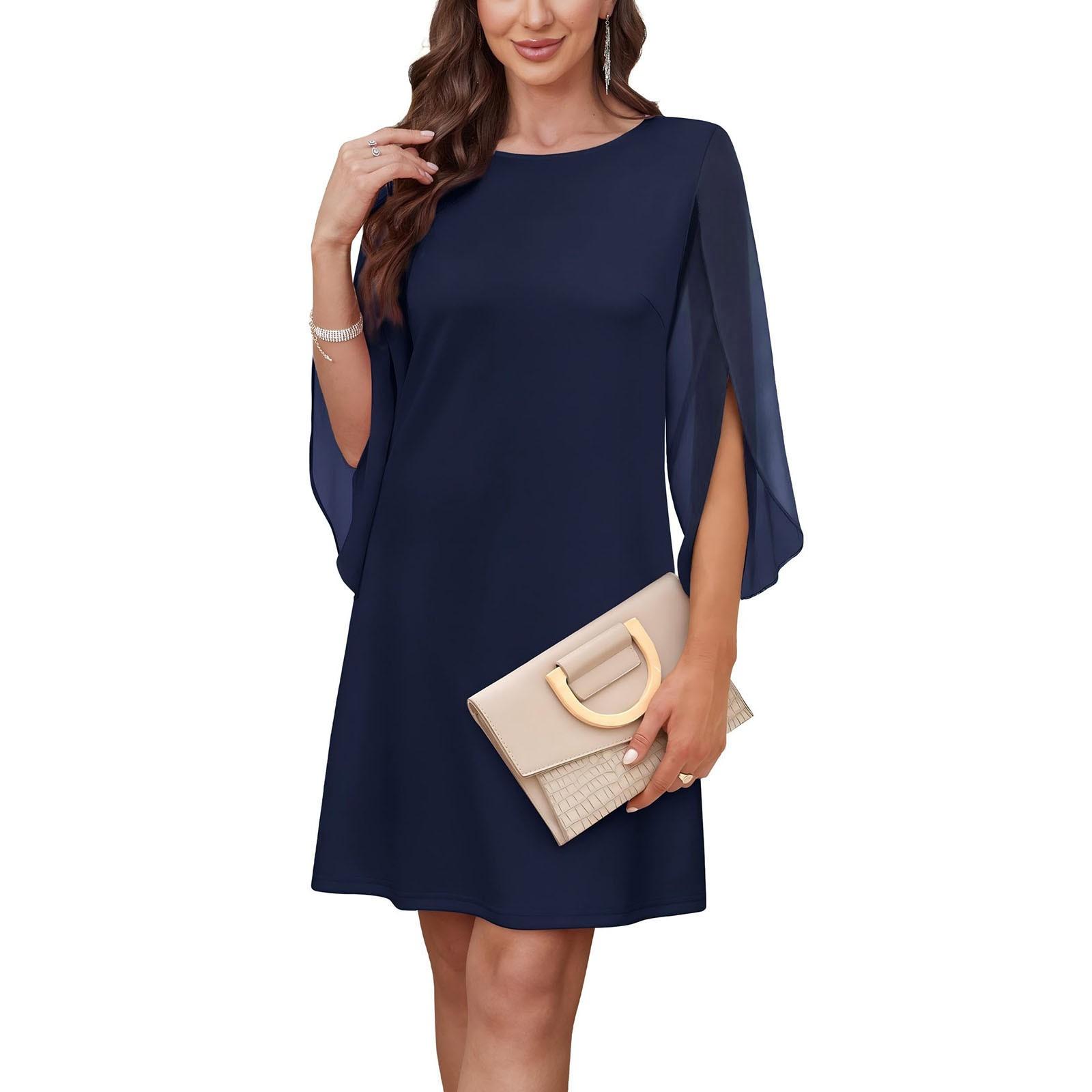 

Женские модные однотонные платья с круглым вырезом, шифоновой вставкой-накидкой и рукавами половинной длины XL тёмно-синий