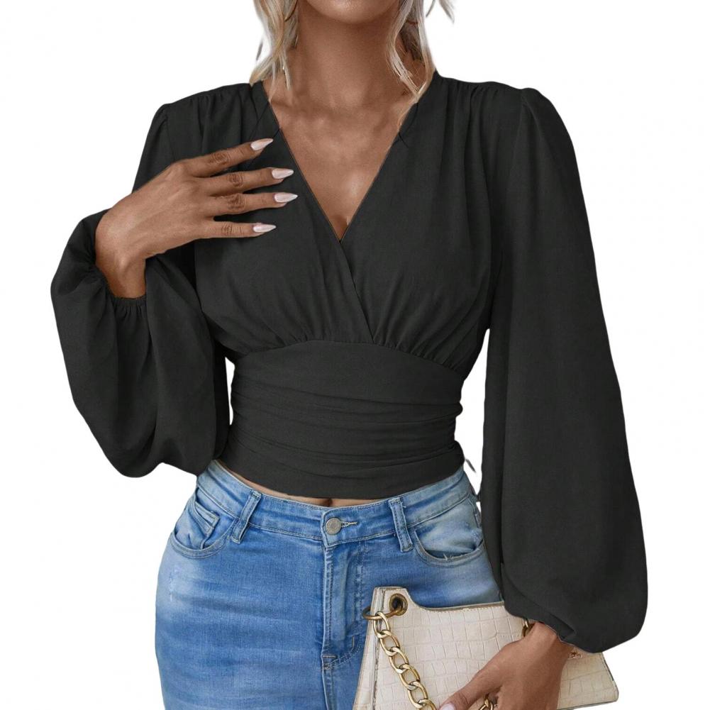 

Блузка с плиссированной талией, элегантная женская офисная рубашка с рукавами-фонариками, плиссированной талией и V-образным вырезом, мягкая, удобная для повседневного ношения S чёрный