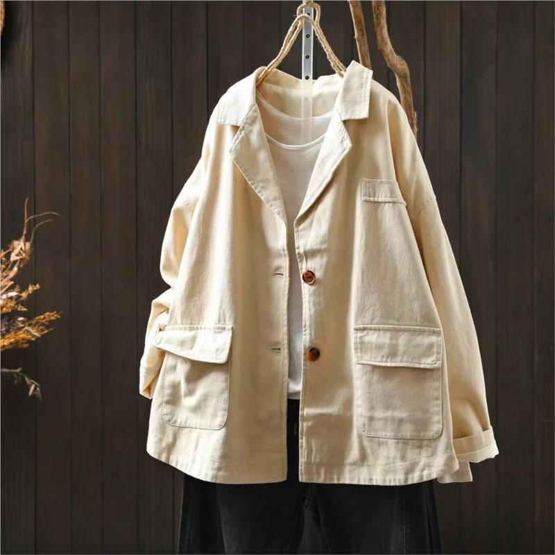 Johnature Women Vintage Jackets Solid Color Turn-down Collar Coats Autumn Button Pockets Loose Female Jackets