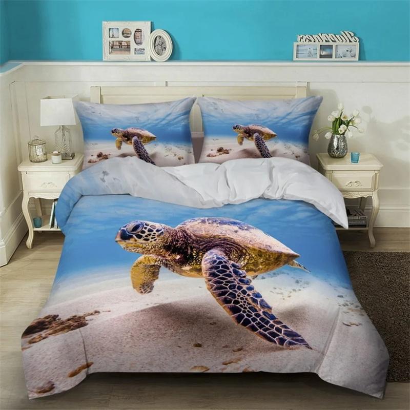 3D Sea Turtle Beddings Set Ocean Duvet Cover Set Teal Mediterranean Style Duvet Cover Queen King Twin Size Bedroom Decoration