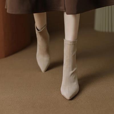 Women's Elastic Boots 2025 Autumn/winter New Pointed Suede Nude Color Non-slip Back Zipper High-heeled Fashion Boots Botas Mujer