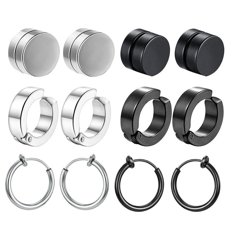 1/12 Pairs Magnetic Ear Clip Set Men and Women Stainless Steel Ring Cross Non-Perforated Fake Gauge Huggie Hoop Earrings Set