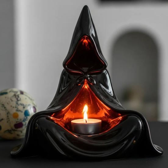 Mystic Wizard Candle Holder Halloween Hooded Cloak Tealight Holder Gothic Candlestick Ornament for Home Tabletop Decor