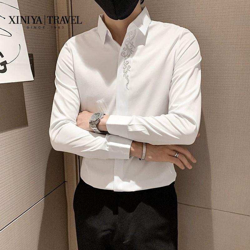 

Весна Осень Мужская Рубашка с Длинным Рукавом Приталенная Прическа Универсальная Личная Вышивка Ins Трендовая Повседневная Мода Красивая M белый