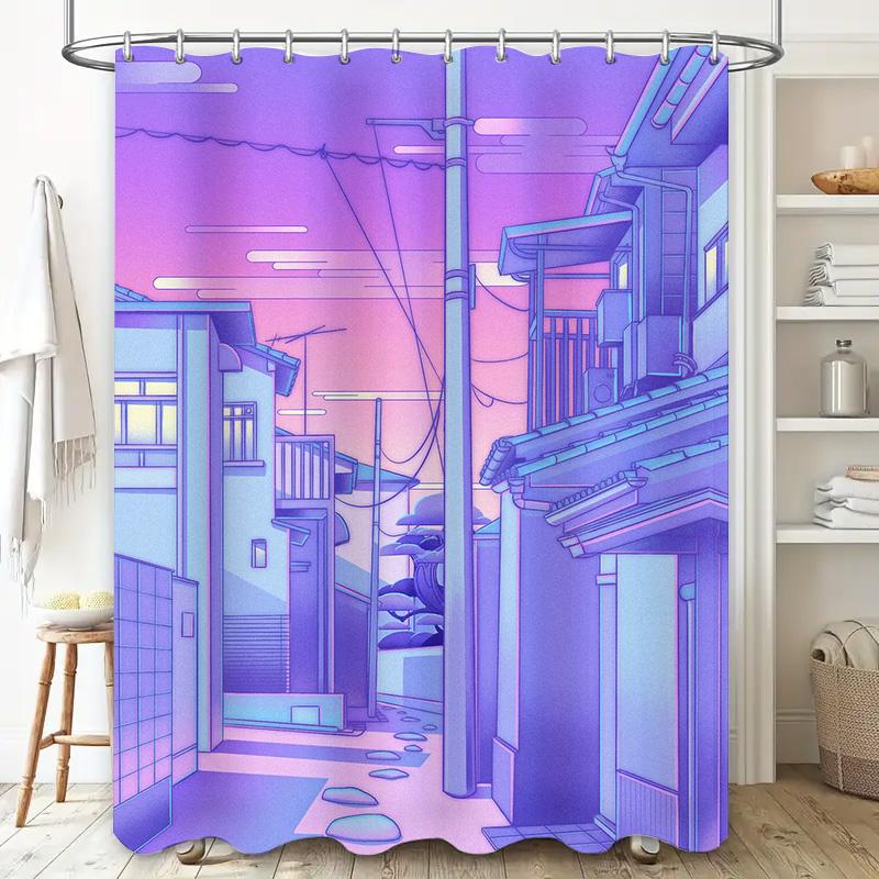 Fantasy Blue Purple Shower Curtain With Japanese Architecture Anime Cartoon Print For Bathroom Decor 3D Printed Fabric Waterproo