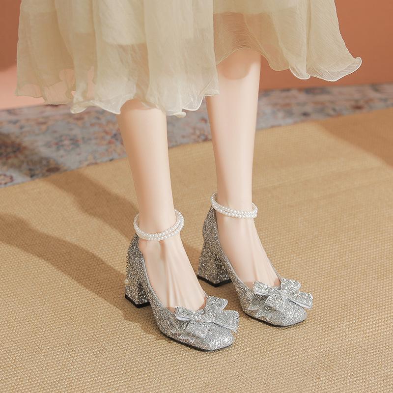 Silver Fairy Shoes Gentle Single Shoes Rhinestone Bow Word with Wedding Shoes Two Wear Thick Heels High Heels Women
