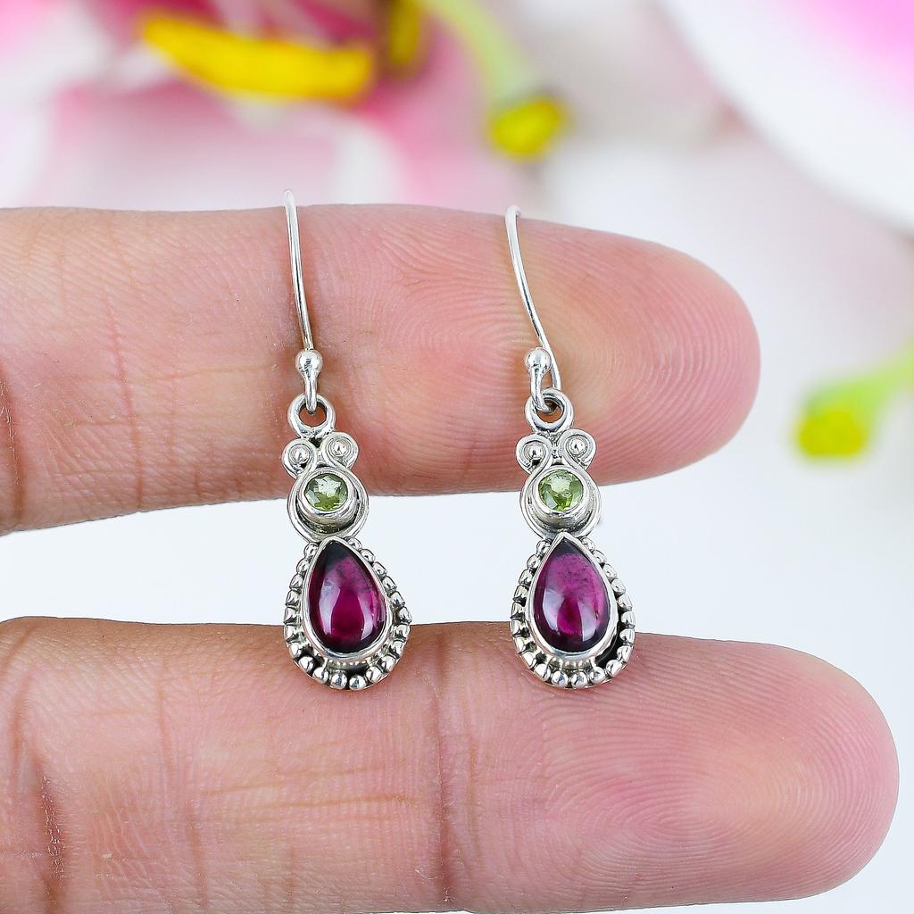 Natural Garnet, Peridot Gemstone 925 Solid Sterling Silver Earring 1.5" L2a95