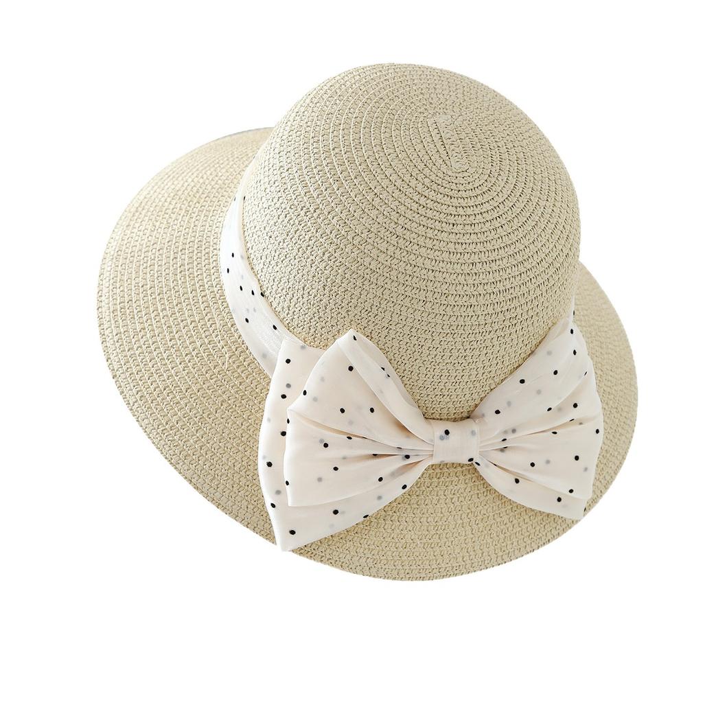 Sunscreen straw hat seaside beach hat, Japanese and Korean polka dot bow straw hat sun hat big brim bucket hat women
