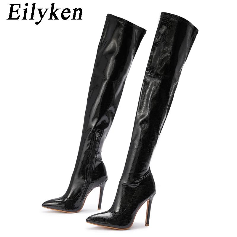 Mode Eilyken Sexy Schlangenleder Spitzschuh Damen Overknee Stiefel Mode Reißverschluss Winter Oberschenkelhohe Stiefel Stripper Schuhe