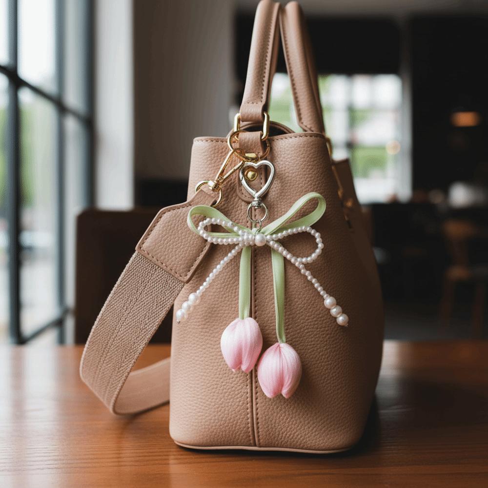Handmade Tulip Pendant Cartoon Heart Bag Charm Trendy Pearl Tulip Keychain  Car Accessory