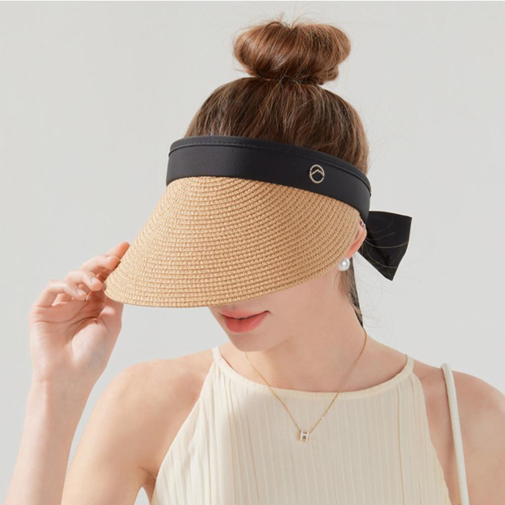 Ribbon Strap Straw Beach Hat Breathable Visor Hat Fashion Empty Top Hat  Summer