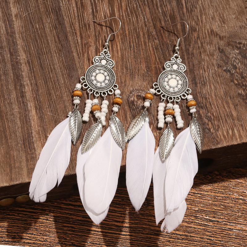 Vintage Bohemian Feather Tassel Earrings Exaggerated Ethnic Vacation Dangle Ear Jewelry Fashion Accessories For Women