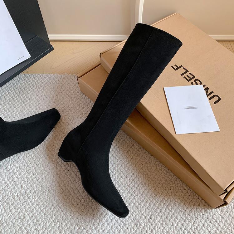 Inside and Outside Full Leather Square Head Rear Zipper Chelsea Boots Cowhide European and Korean Simple Retro Inner Height-increasing Short Boots W