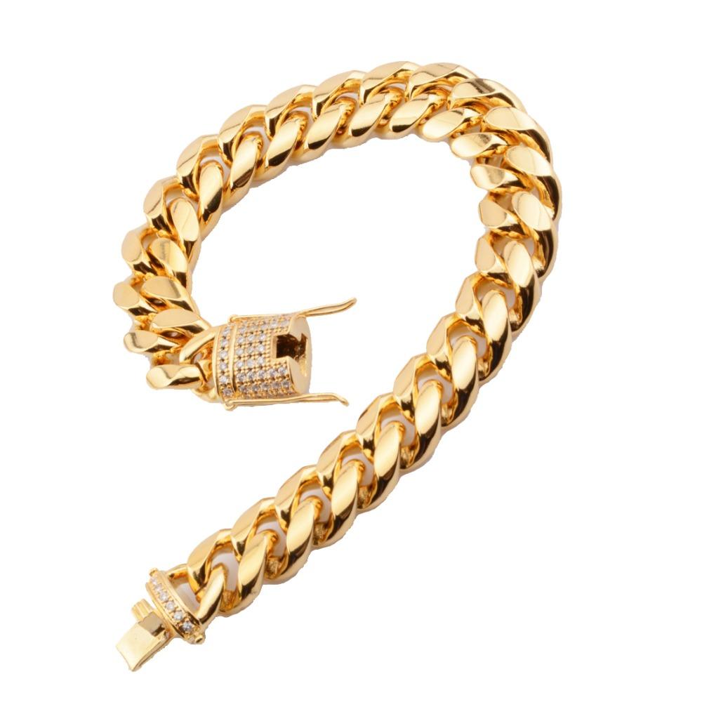 14mm Men's Bracelet White Crystal Buckle Gold Tone  Stainless Steel Curb Miami Chain Bracelet Fashion Jewelry