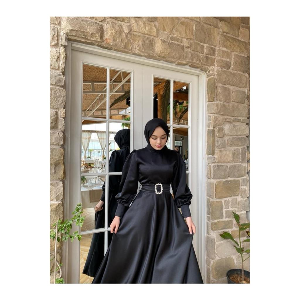 Women's Black Satin Belted Bellae Dress
