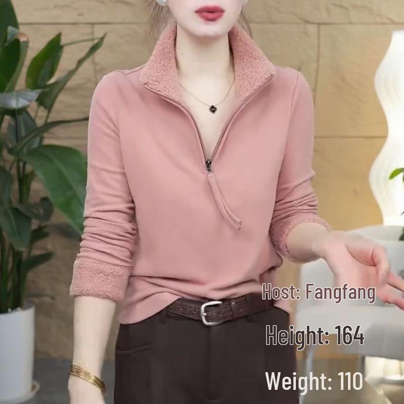 Winter Velvet Long Sleeve Zipper Top - Versatile and Warm for Middle-Aged Women