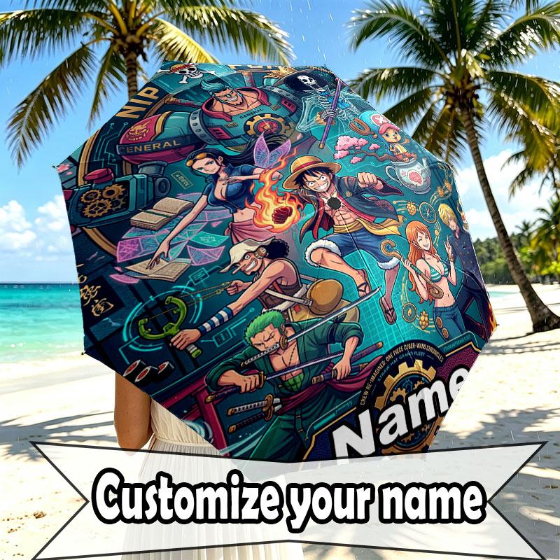 Custom Name Personalized ONE PIECE Print Umbrella, Auto Open Close, 8‑Rib Sturdy Frame, Commute Camping Hiking Use, Birthday Gift