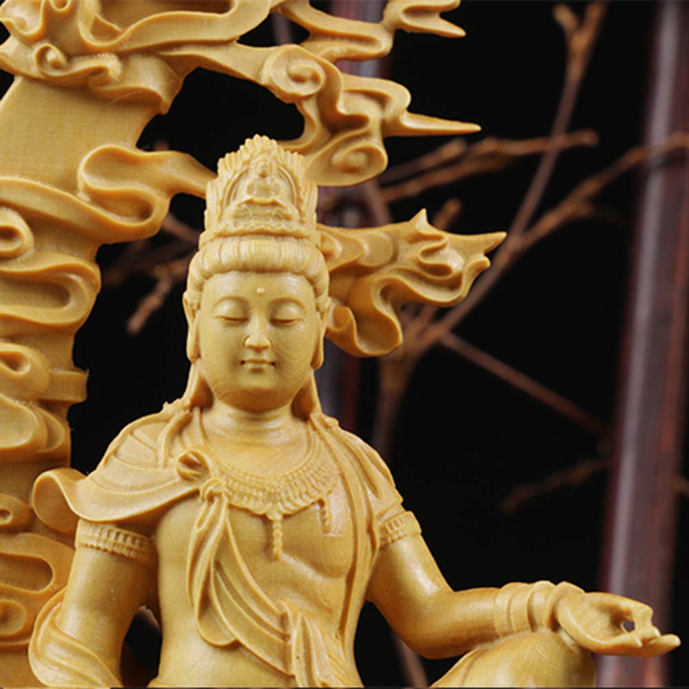 Hanro Art Sculpture Statue de Bouddha Statue Kannon Statue d'autel bouddhiste Statue Suigetsu Kannon Sculpture sur bois Ornement Feng Shui Bonne Chance Buis de haute qualité