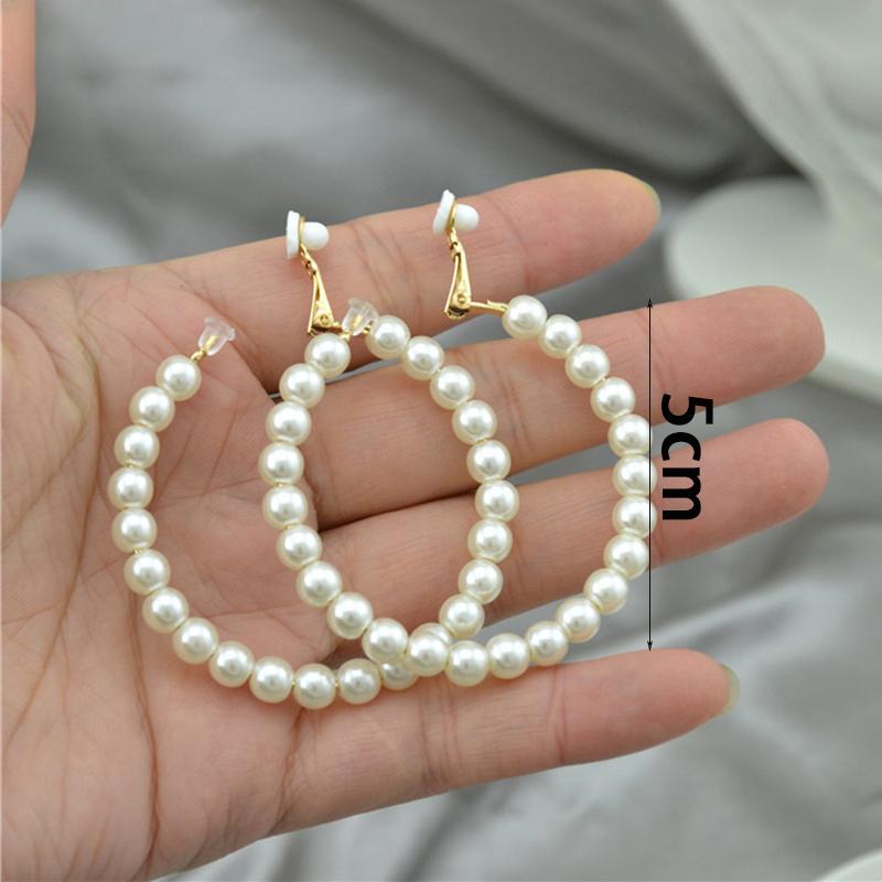 Fashion Exaggerated White Pearl Clip on Earrings Non Pierced for Women Elegant Large Trend Circle Hoop Earrings Party Jewelry