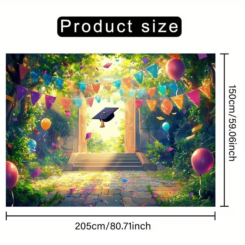 2D Graduation Garden Backdrop, Colorful Bunting, Balloons and Grad Cap Background