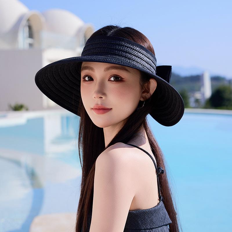 New Spring and Summer Mountaineering Sun Hat Sun Protection Beach Hat Bow Outdoor Sun Hat Foldable Empty Top Straw Hat